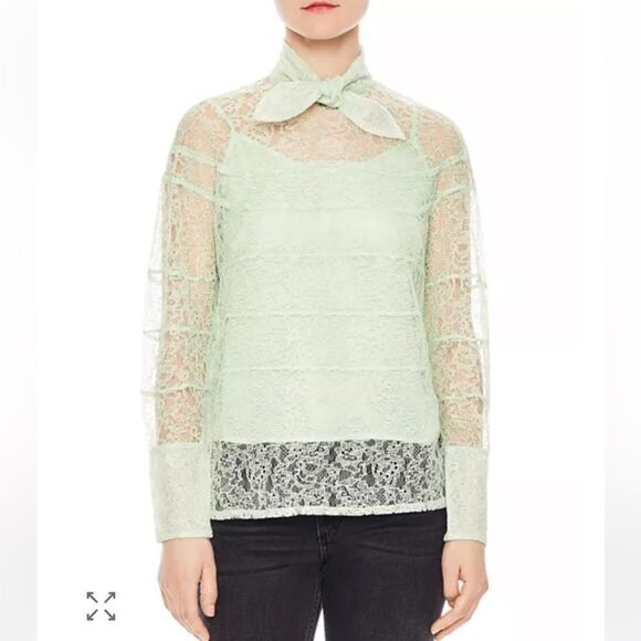 Sandro Mint Green Izzie Sheer Lace Long Sleeve Tie-Neck Blouse, Size 1 Small - Picture 14 of 15